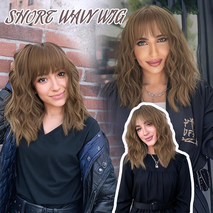 AISI HAIR Synthetic Wavy Curly Bob Wig with Bangs Brown mix Caramel Blonde Short Hair for Women Synthetic Heat Resistant Bob Wigs