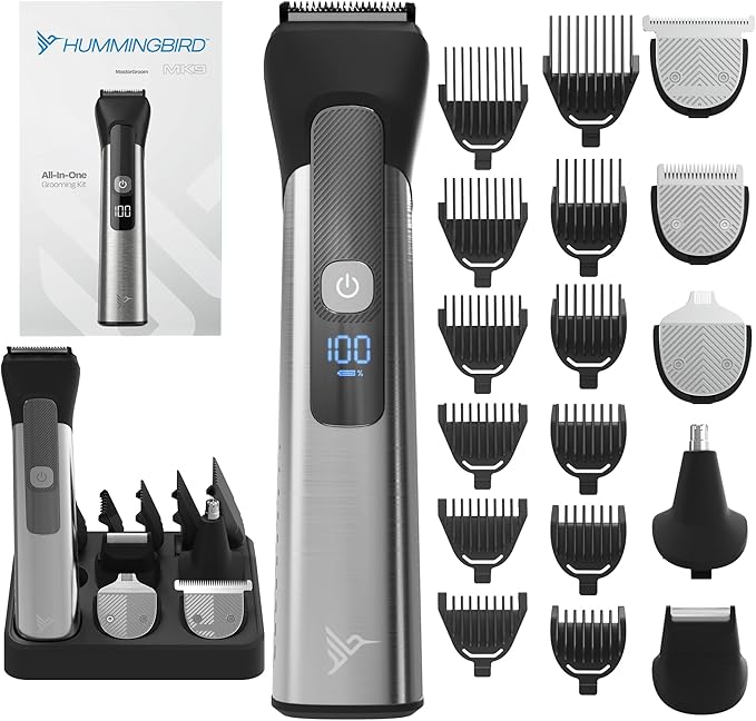HUMMINGBIRD MK9 MasterGroom All-in-One Trimmer – 21-Piece Men's Grooming Kit for Beard, Head, Hair, Body, and Face, Waterproof, Stainless Steel, USB C Rechargeable, LED Display