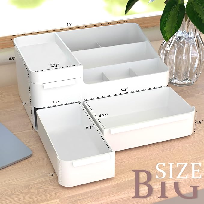 Makeup Organizer with Drawers, Countertop Organizer for Vanity, Bathroom and Bedroom Desk Cosmetics Display Case for Brushes, Lotions, Perfumes, Eyeshadow, Lipstick and Nail Polish, White