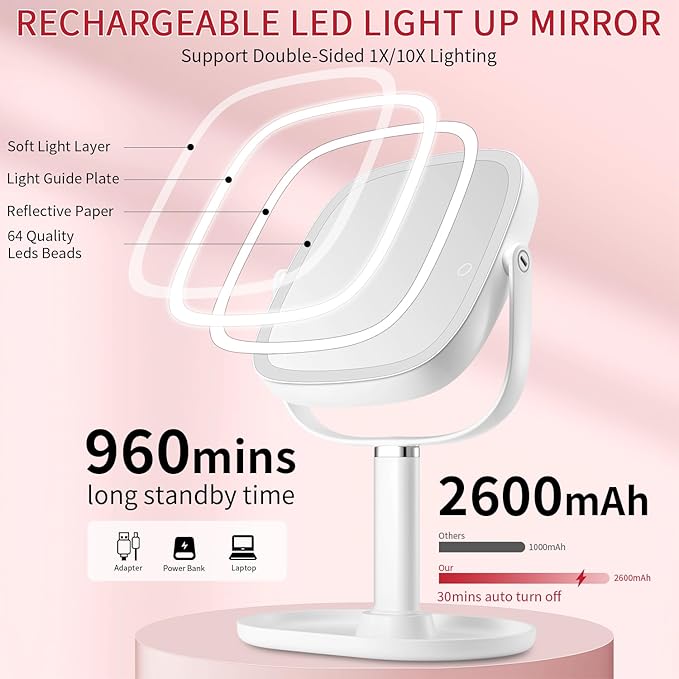 Lighted Makeup Mirror, 2600mAh Rechargeable 1x/10x Magnifying Vanity Mirror, 8.5" Height Adjustable Makeup Mirror with Lights 3 Color, 360° Rotation 2-Sided Light up Large Desk Mirror, Gifts for Women
