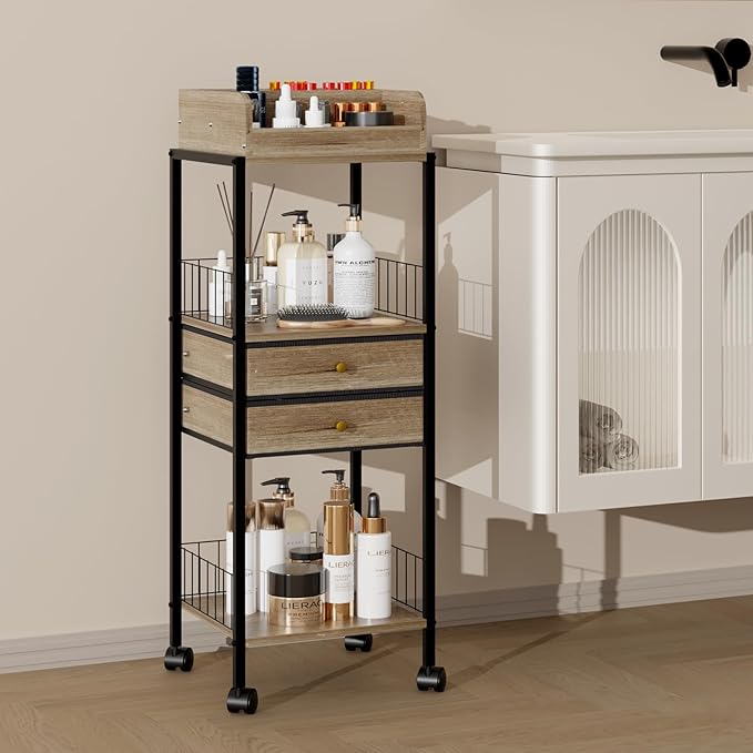 Makeup Organizer Cart Shelf Floor Skincare Organizers Make Up and Station Storage Cabinet For Vanity Standing Cosmetics With Drawers and Wheels For Nail Polish Perfume Hair Tool Beauty(Grey Oak)