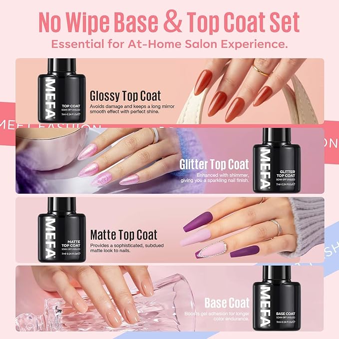 MEFA 54 Pcs Gel Nail Polish Kit with U V Light, 32 Colors Popular Soak Off Nude Pink Red Gel Polish Nail Set with Matte/Glossy Gel Top Base Coat Manicure Tools Nail Art Decorations DIY Salon Home Gift