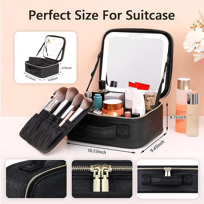VANMRIOR Travel Makeup Bag with LED Lighted Make up Case with Mirror 3 Color Setting Cosmetic Makeup Box Organizer Vanity Case for Women Beauty Tools Accessories Case Rechargeable