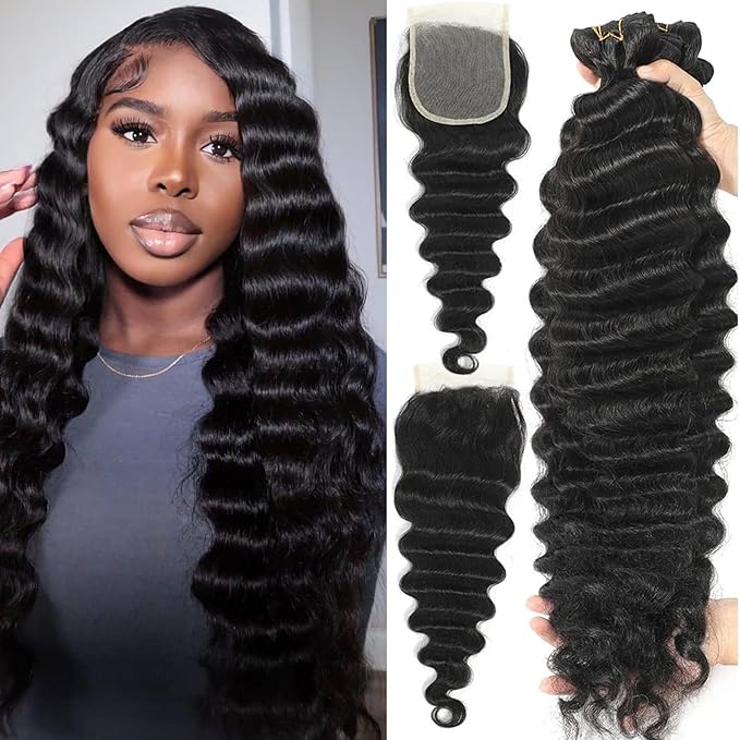 Loose Deep Wave Bundles with Closure Human Hair 18 20 22+16 Inch 100% Unprocessed Remy Bundles with 4x4 HD Lace Closure Weave Wavy 3 Bundls and Closure Natural Black Color for Women