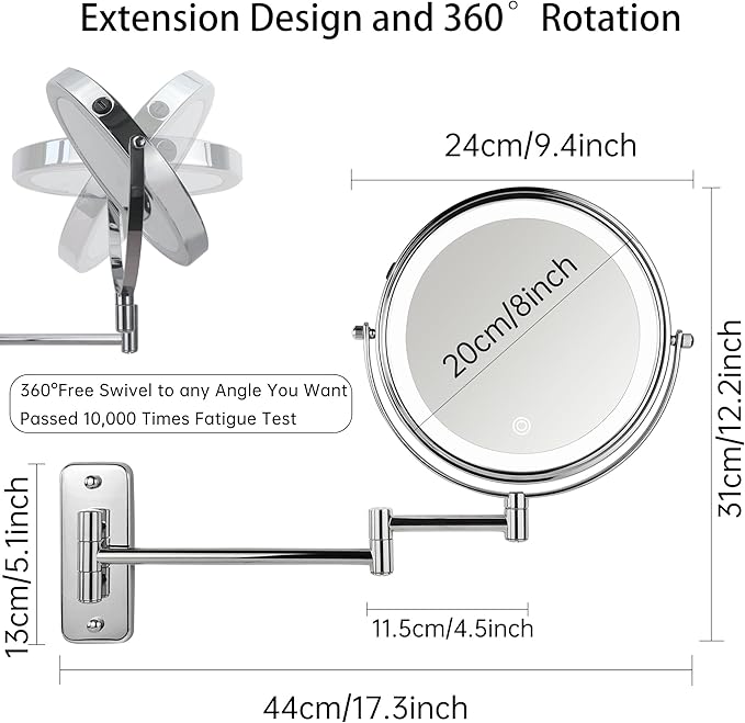 JANEEVA 8" Wall Mounted Lighted Makeup Mirror,Rechargeable Double Sided 1X/10X Magnifying Mirror with 3 Color Lights,Touch Dimmable Bathroom Vanity Mirror with 360°Swivel Extendable Arm Chrome