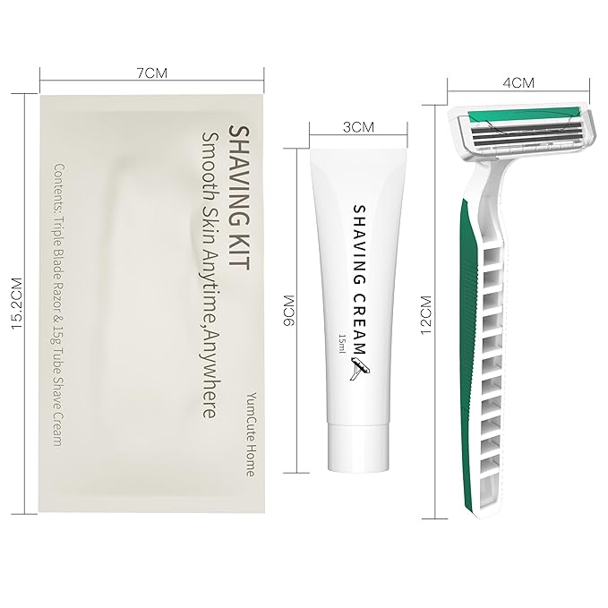 50 Pack 3 Blades Shave Razor kit in Bulk Pivoting Head with Protective Guard 15g Cream Individually Wrapped Paper Bag for Hotel,Airbnb, Homeless,Shelter Camping Travel On The Go