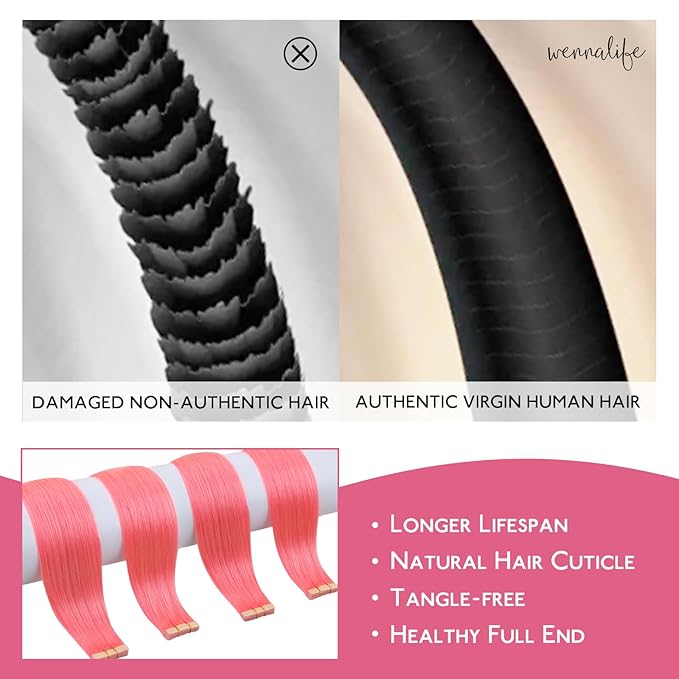 WENNALIFE Tape in Hair Extensions Human Hair Light Pink Tape in Extensions, 10pcs 30g 20 inch Remy Invisible Tape Ins Straight Colored Soft Real Human Hair Tape in Extensions Refill Set Extensions