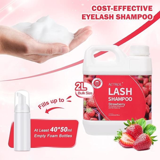 Eyelash Extension Cleanser Strawberry 2L Natural Lash Extension Shampoo Professional Eyelid Foaming Cleanser Paraben & Sulfate Free Non-lrritating with Salon and Home Care