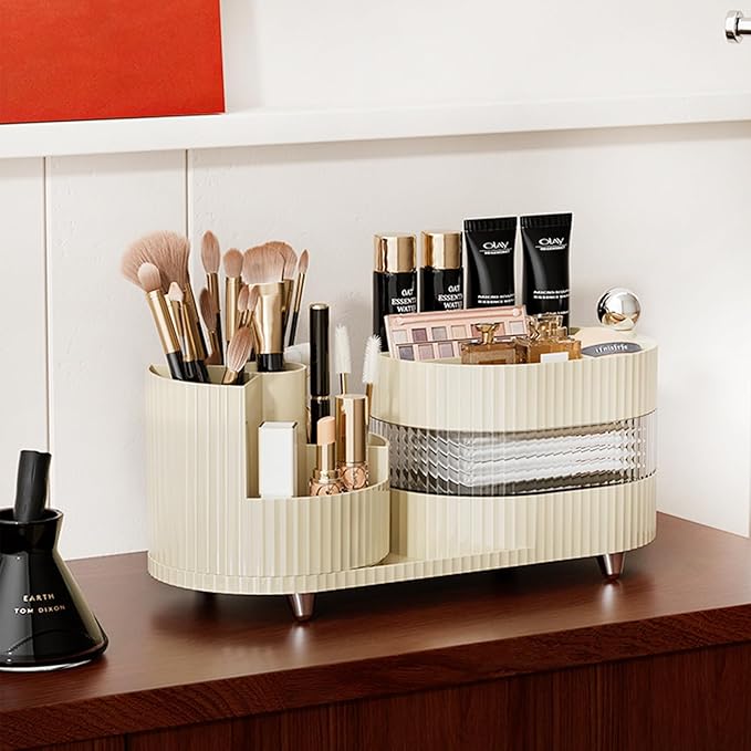Ivory Rotating Vanity Organizer with Drawer & Brush Holder - 3 Layer Cosmetic Skincare & Perfume Storage - Countertop Makeup Display Case