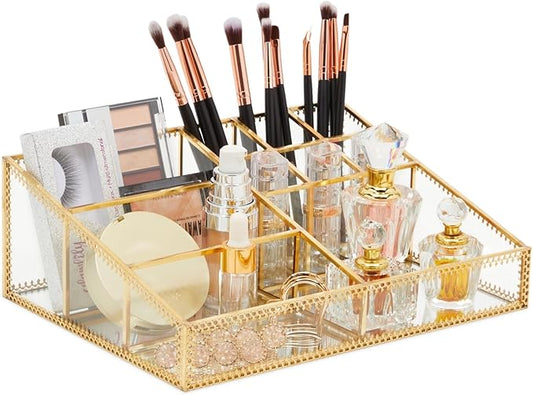 Glass Makeup Organizer with Gold Trim for Vanity, Cosmetic Storage (10.2 x 7.5 x 3.5 In)