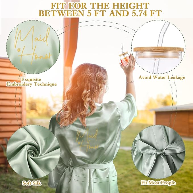 Irenare 8 Pcs Proposal Gifts Set Robes Makeup Bag Cup Cards Hair Tie Bracelet Diamond Pen Bridesmaid Gift Box (Light Green,Maid of Honor)