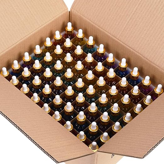 Eye Dropper Bottle 2 oz (63 Pack Rainbow Glass Bottles 60ml with Golden Caps, 2 Extra Eye Droppers, 120 Labels, 10 Funnel & Measured Pipettes)