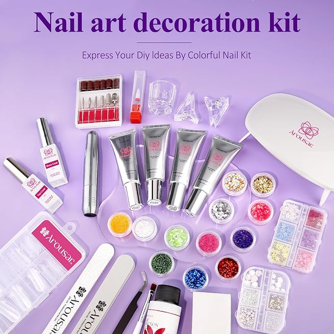 Poly Nail Gel Kit, 15ml*4pcs Nail Extension Gel, Soft Pink Glitter Builder Nail Gel with Top and Base Coat, Slip Solution, Nail Lamp&Drill DIY Salon at Home for Beginner and Professional