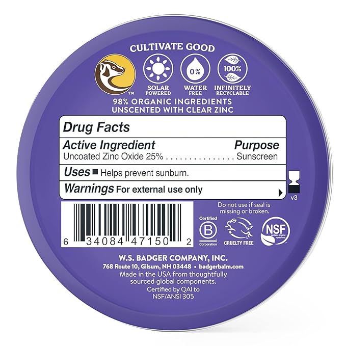 Badger Biodegradable Reef Safe Sunscreen, SPF 50 Mineral Sunscreen, 98% Organic Ingredients, Unscented, Water Resistant Adventure Sport Sun Cream, Travel Size 2.4 oz Tin