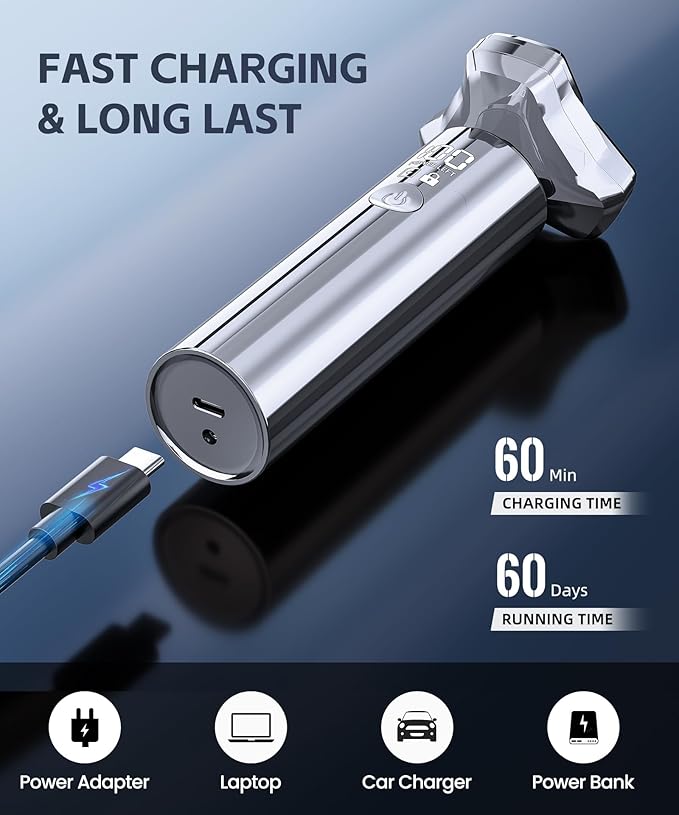 Electric Razor for Men, Rechargeable Wet & Dry Shavers for Men with Nose Hair Trimmer, Fast Charging, IPX8 Waterproof, Blades Spin 12000 Times Per Minute, LED Display, and Travel Lock,Sliver
