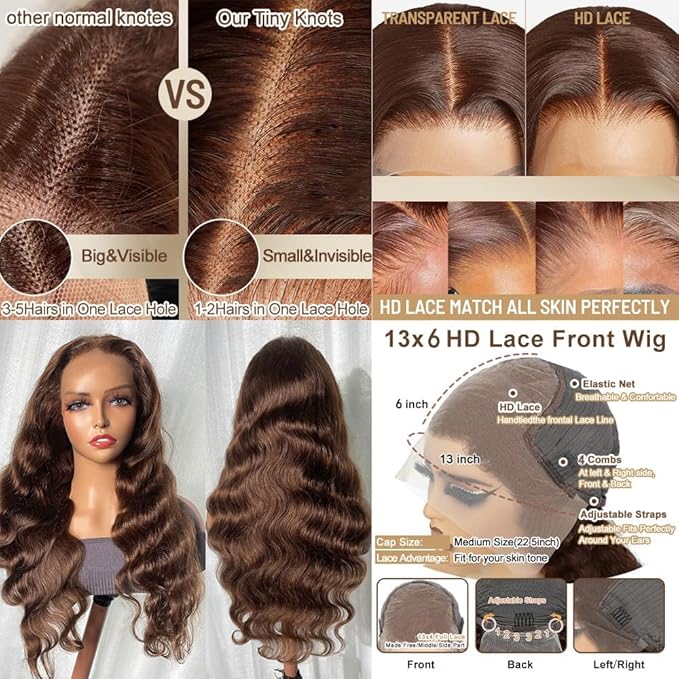 24 Inch Chocolate Brown 13x6 Body Wave Lace Front Wigs Human Hair Pre Plucked 200% Density HD Lace Frontal Wigs with Baby Hair 4# Colored Wigs for Women