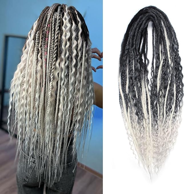 24 Inch Double Ended Dreadlock Extensions Sets, 20 Strands 3 In 1 Mixed Synthetic Dreads Extensions, Gray to White Straight&Curly&Boho Handmade Dreads Hippie Style Dreadlocks for Woman