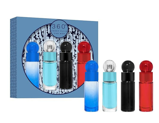 Perry Ellis Men's 4-Piece Mini Gift Set - 360° Men, 360° Red, 360° Very Blue, 360° Black (4-pack of .25 fl oz EDT mini travel sprays)