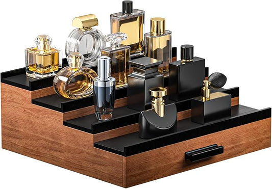 Sephyroth Cologne Organizer for Men – 4 Tier Perfume Display with Hidden Storage & Drawer, Elegant Perfume Storage Box, Durable Craftsmanship, Great Gift for Man (WalnutBlack)