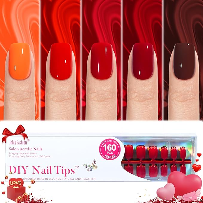 Press on Nails Red - 5 Styles Soild Press on Nails Short Square, Bt Art Box Press On Nails，Soft Gel x Coat Nails False Nails in 32 Sizes -160PCS Soft Gel Fake Nails Kit for Valentines Day Gift