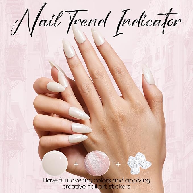 modelones Gel Nail Polish Kit with U V Light, 4 Colors Gel Mini Salon, Base&Top Coat and Stickers, Milky White Nude Pink Glitter Fall Manicure Set, DIY Home Nail Art Decoration Kit, Gift for Women