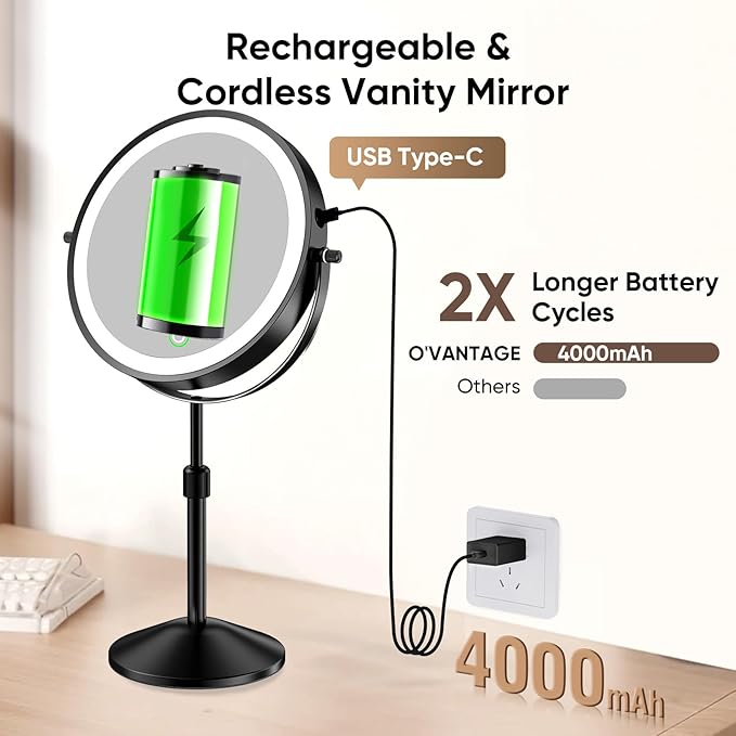 8.7in Professional Lighted Makeup Mirror - Height & Brightness Adjustable, Rechargeable 2-sided 1x/10x Magnifying HD Brighter Light Mirror- 88 Surgical-grade LEDs, 3 Colors Lights, 360° Swivel (Black)