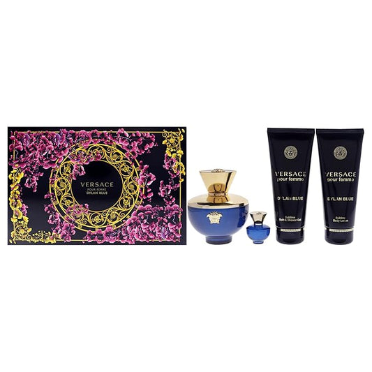 Versace Dylan Blue 3.4oz EDP Spray, 3.4oz Body Lotion, 3.4oz Bath and Shower Gel, 0.16oz EDP Spray Women 4 Pc Gift Set