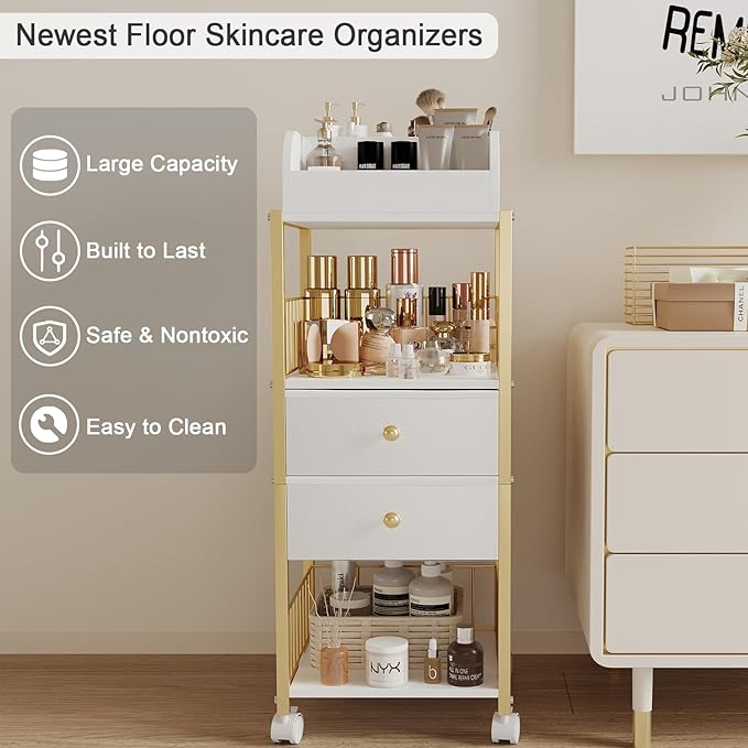 Floor Makeup Organizer Cart, Large Skincare organizers, Makeup Stand with Drawers, Makeup Vanity Organizer Cosmetics Display Cases Holder for Skin Care Nail Polish Perfume Makeup Brush (Gold)
