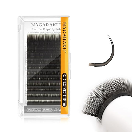 NAGARAKU Double Tips Flat Ellipse Eyelash Extensions Supplies 0.15 LC curl 8-15mm Mix Natural Charcoal Color Faux Mink Super Soft Split Tips Lash Individual Lashes
