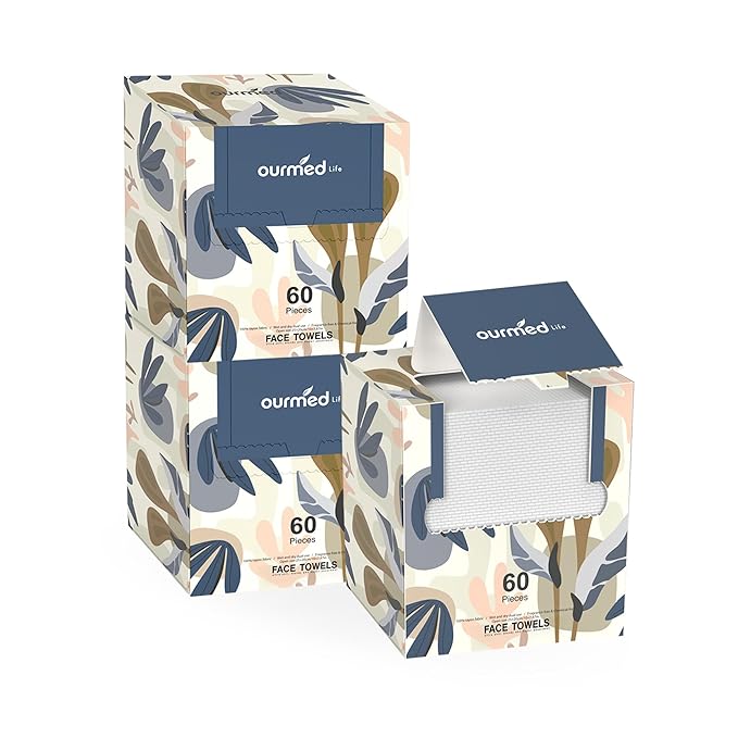 Ourmed Life Face Towels, Disposable Biodegradable Facial Towels for Sensitive Skin, Lint- free Face Wipes for Washing Face, Skincare and Makeup Remover, Dry Wipes, 10"×7.8" Extra Large, 180 Count