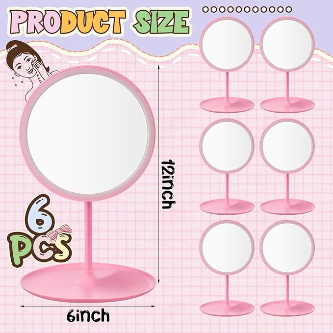 6 Pcs Spa Party Mirror Spa Party Supplies Sleepover Accessory Favors Makeup Mirror for Sleepover Slumber Birthday Favors Gift(Pink)