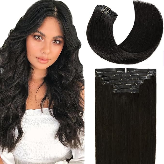 Loxxy Seamless Human Hair Clip-in Extensions Natural Black 16Inch 7Pcs 130g Real Human Hair Ultra Invisible PU Weft Silky Straight Seamless Hair Extensions