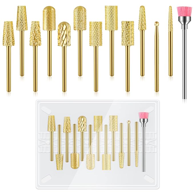 Depvko 13Pcs Nail Drill Bits Set, Tungsten Carbide Drill Bits for Nails, Cuticle Nail Drill Bits for Acrylic Nails Remover Bits for Manicure Pedicure, Home Salon (Gold)