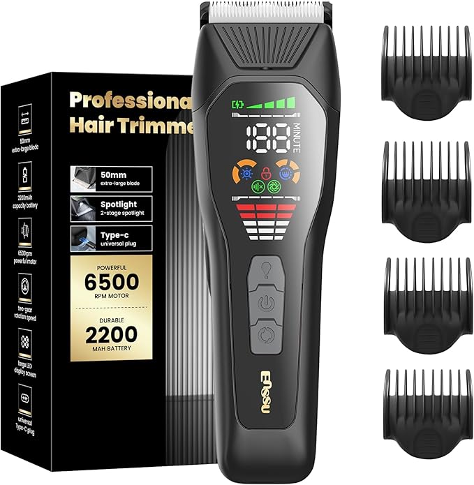 ENSSU Hair Clippers for Men Professional, Rechargeable Hair Trimmer Cordless Barber Clippers with 50mm Blade, Large LED Display, 180-Minutes Runtime for Home Hair Cutting