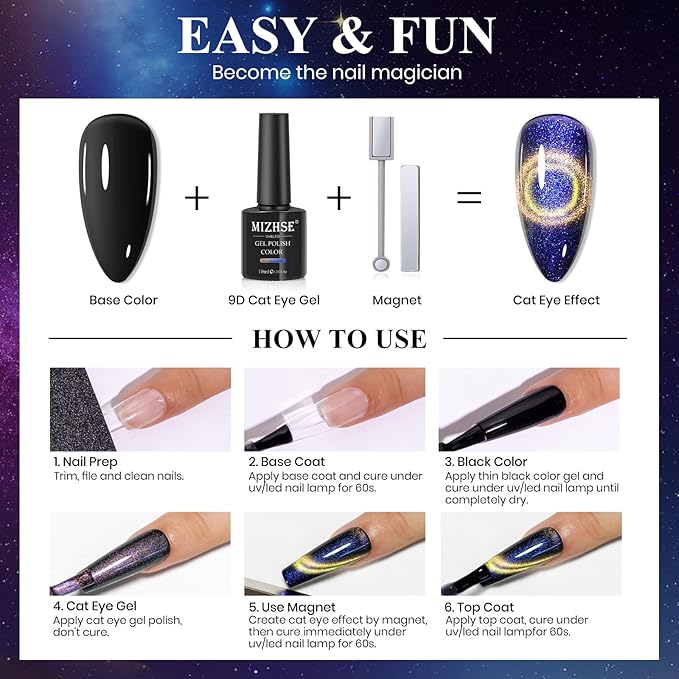 MIZHSE 9D Cat Eye Gel Nail Polish Set, Magnetic Gel Polish 10ml 6 Colors with 2 Magnet Sticks, Chameleon Galaxy Shiny Magic Effect Cateye Nail Polish Soak off Nail Art Gift for Women
