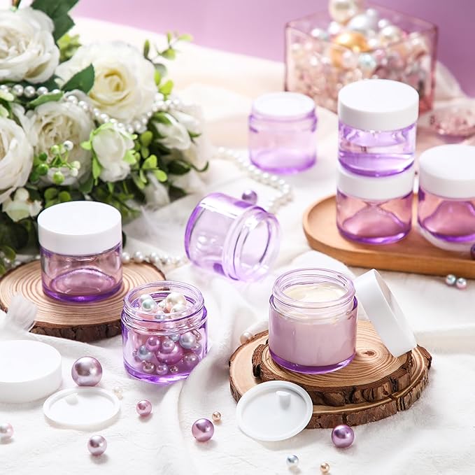 Domensi 48 Pcs 2 oz Glass Jars with Lids Travel Size Round Leakproof Empty Cosmetic Jars with Inner Liners Lid for Storing Makeup Lotions Face Cream Ointments Candle DIY Making (Light Purple)