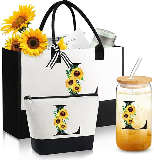Monogrammed Sunflower Birthday Gifts - Personalized Canvas Tote & Makeup Bag & Glass Cup (Mom, Sister, Best Friends) L