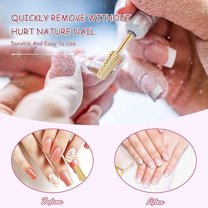 Honoson 10 Pcs Nail Drill Bits Set, 3/32 Inch Tungsten Carbide Bits for Nail Tech, File Remove Acrylic Gel Polish, Manicure Pedicure Tools for Salon Home Supplies(Gold)