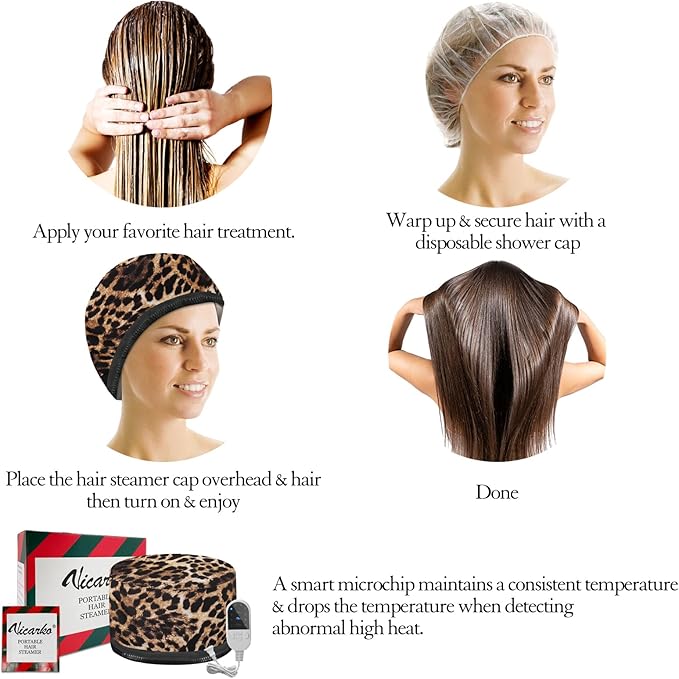 VICARKO Hair Steamer for Deep Conditioning, 10-Level Heats Up Quickly, 118” Power Cord, Heating Cap Hot Oil Treatment Heat, Electric Thermal Heated Steam for Natural Black Hair, Animal Print