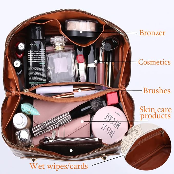 Cessfle Large Capacity Travel Cosmetic Bag Plaid Checkered Makeup Bag Portable Leather Waterproof Skincare Bag with Handle and Divider for Women, 01-Brown