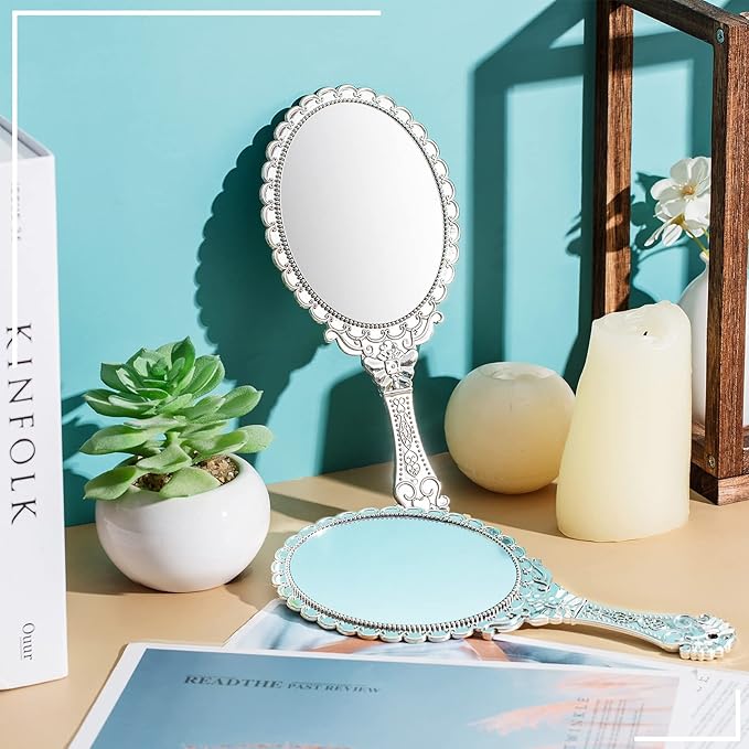 Qunclay 12 Pcs Vintage Handheld Mirror, 9.8" L x 4.5" W Small Sliver Embossed Portable Princess Mirror for Classroom Kids Princess Party Favors Travel
