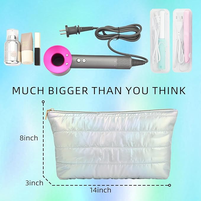 Hiroyuki 3pcs Iridescent Quilted Makeup Bag (plain, cyan)