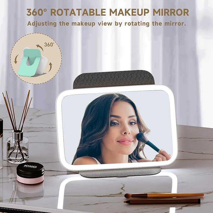 Mocado Travel Makeup Mirro with Lights, 360° Rotation Lighted Makeup Mirror, Portable Mirror with 10x Magnification, 60LEDs 3 Color Lightings, Dimmable Touch Screen, Tabletop Light up Mirror(Green)