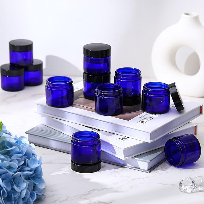 Domensi 48 Pcs 2 oz Glass Jars with Lids Travel Size Round Leakproof Empty Cosmetic Jars with Inner Liners Lid for Storing Makeup Lotions Face Cream Ointments Candle DIY Making (Cobalt Blue)