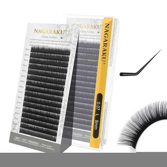 NAGARAKU Eyelash Extensions Individual Lashes Extensions Classic Lash Matte Black 16 Rows Soft Natural Matte Black Professional Beauty Salon Lashes Supplies - 0.07L 8mm