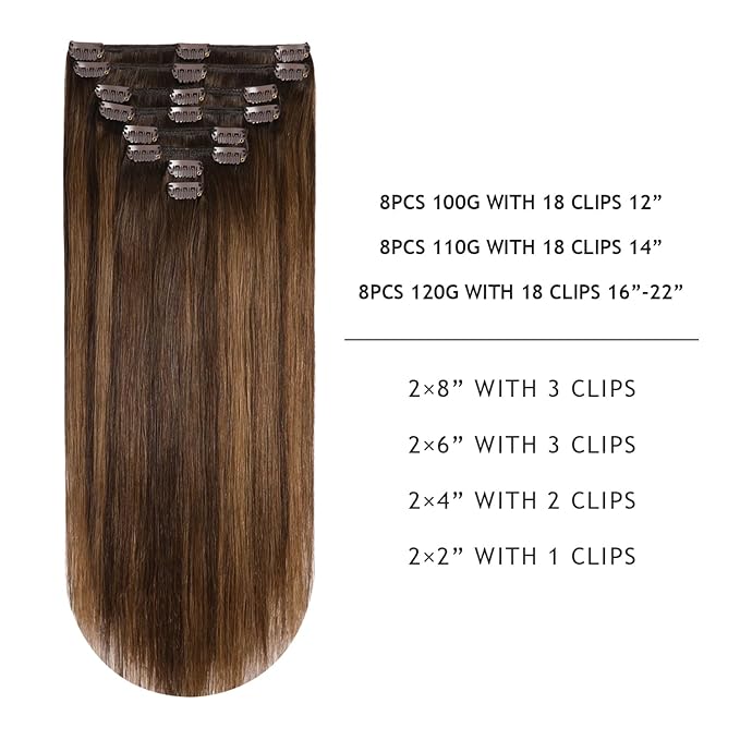 YILITE Hair Extensions Clip in Human Hair 8Pcs 120Gram/Pack #2/6/2 Balayage Dark Brown to Chestnut Brown Silky Remy Human Hair Double Weft Straight Real Hair Extensions Clip ins Thick