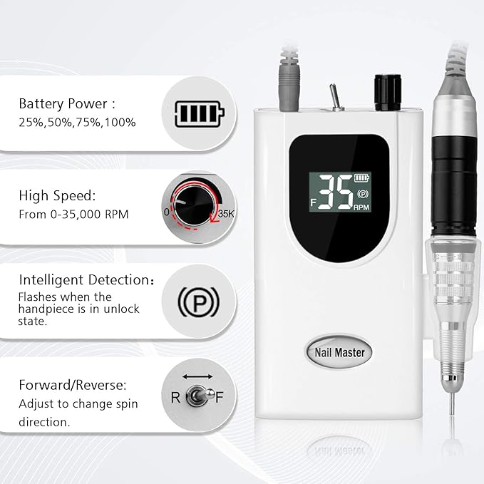 35000RPM Portable Nail Drill Machine, HoMove Professional Rechargeable Efile Nail Drill, Low Heat Electric Nail File for Acrylic Nail Natural Extension Poly Nail Gel