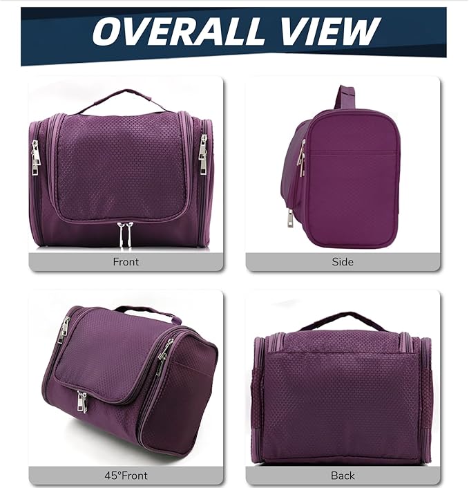 Buruis Large Capacity Toiletry Bag for Women and Men, Hanging Toiletry Organizer Cosmetics Makeup Bag, Water-resistant Dopp Kit Shaving Bags for Full Sized Toiletries, Travel Essentials (Purple)