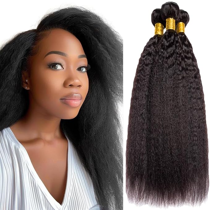 Black Kinky Straight Bundles Human hair 1B Yaki Straight Bundles Natural Color Brazilian Human Hair Extensions Soft and Silky for Black Women 10 12 14 Inch