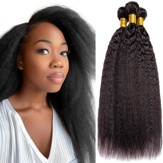 Black Kinky Straight Bundles Human hair 1B Yaki Straight Bundles Natural Color Brazilian Human Hair Extensions Soft and Silky for Black Women 10 12 14 Inch